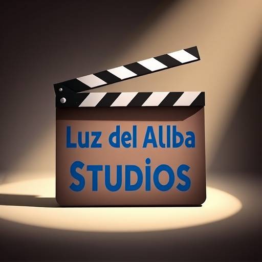 Logotipo de Luz del Alba Studios con una claqueta estilizada y el nombre de la empresa en letras azules.