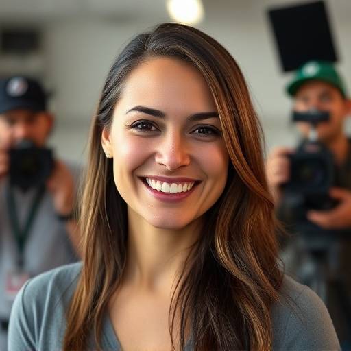 Retrato de Elena Ramirez, Directora Creativa, sonriendo amablemente con un fondo de equipo de filmaci贸n difuminado.