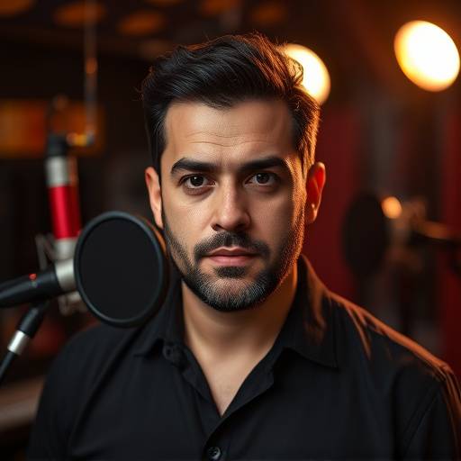 Retrato de Javier Gonz谩lez, Director de Producci贸n, con una expresi贸n seria y profesional en un estudio de grabaci贸n.