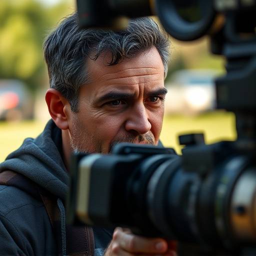 Retrato de Miguel ��ngel P茅rez, Director de Fotograf铆a, mirando a trav茅s de una c谩mara durante una filmaci贸n en exteriores.